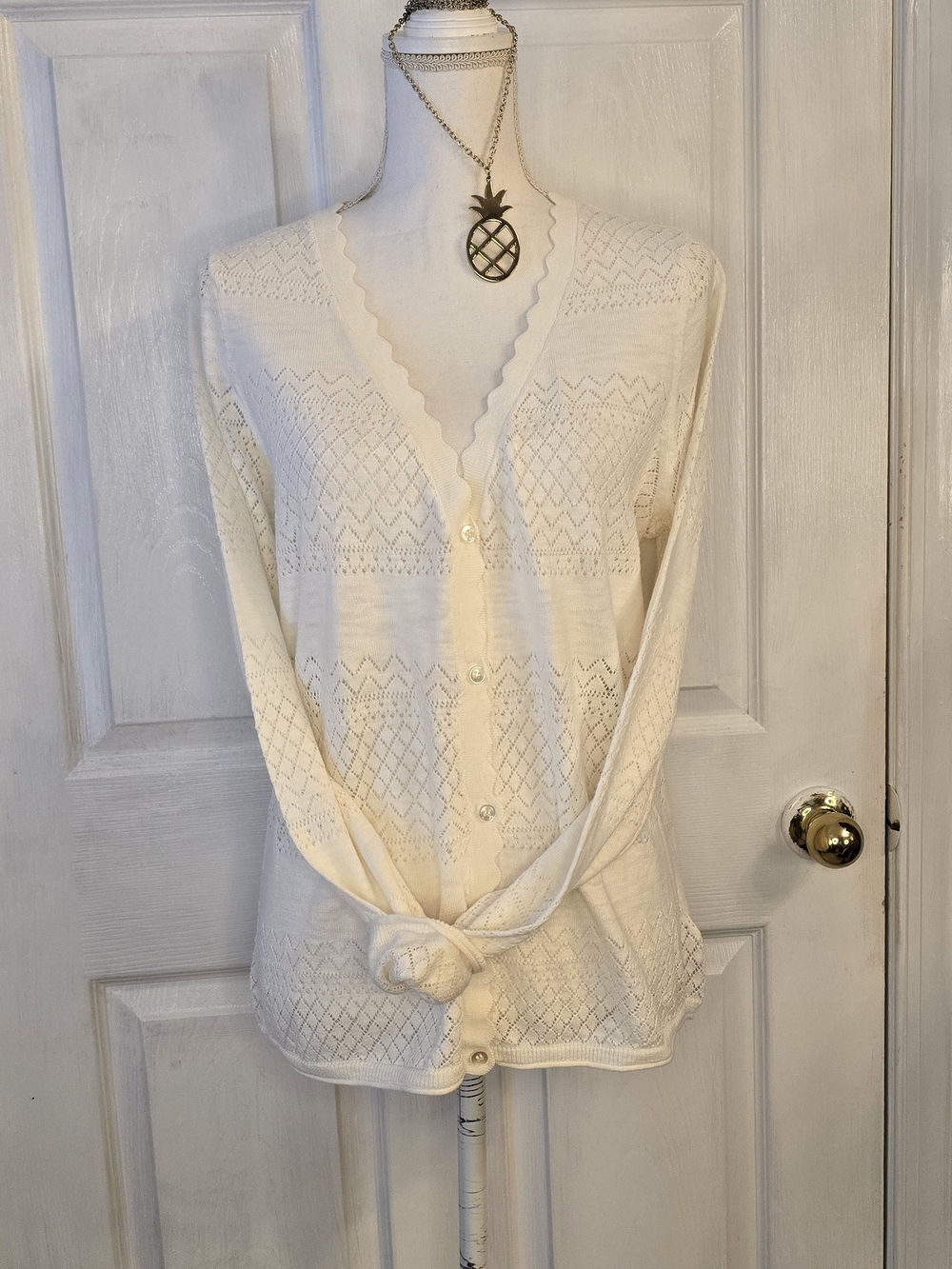 Frye Ivory Scalloped Button Down Pointelle Cardigan Large Knit